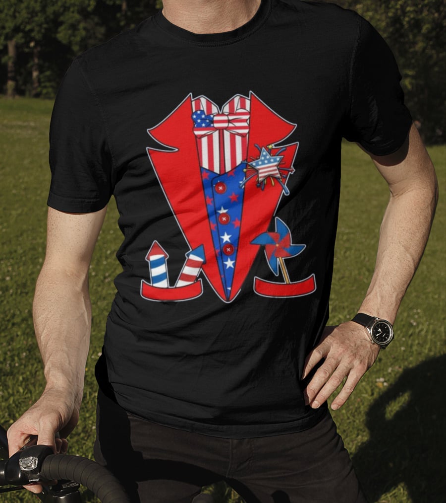 Patriotic Stars And Stripes Tuxedo With Fireworks And Pinwheel T-Shirt