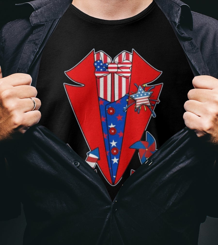Patriotic Stars And Stripes Tuxedo With Fireworks And Pinwheel T-Shirt