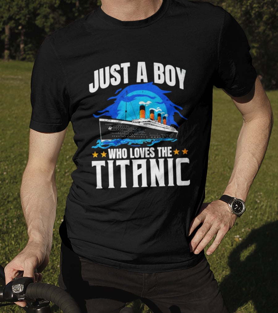 Just A Boy Who Loves The Titanic Ship With Blue Ocean And Stars T-Shirt