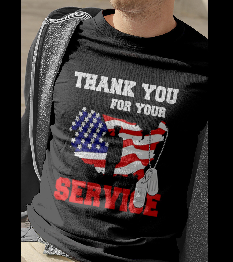 Thank You For Your Service American Flag Silhouette With Dog Tags T-Shirt