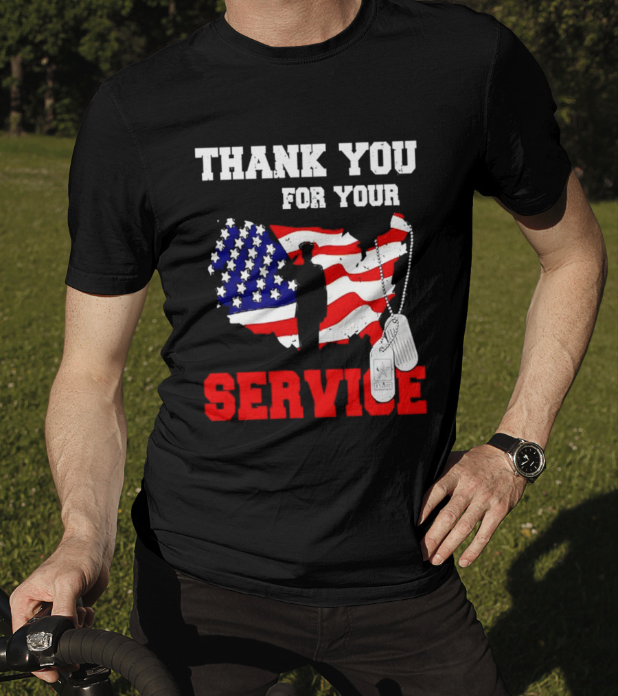 Thank You For Your Service American Flag Silhouette With Dog Tags T-Shirt