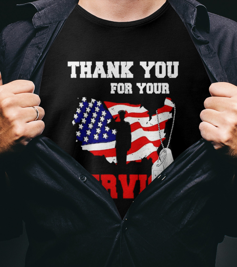 Thank You For Your Service American Flag Silhouette With Dog Tags T-Shirt