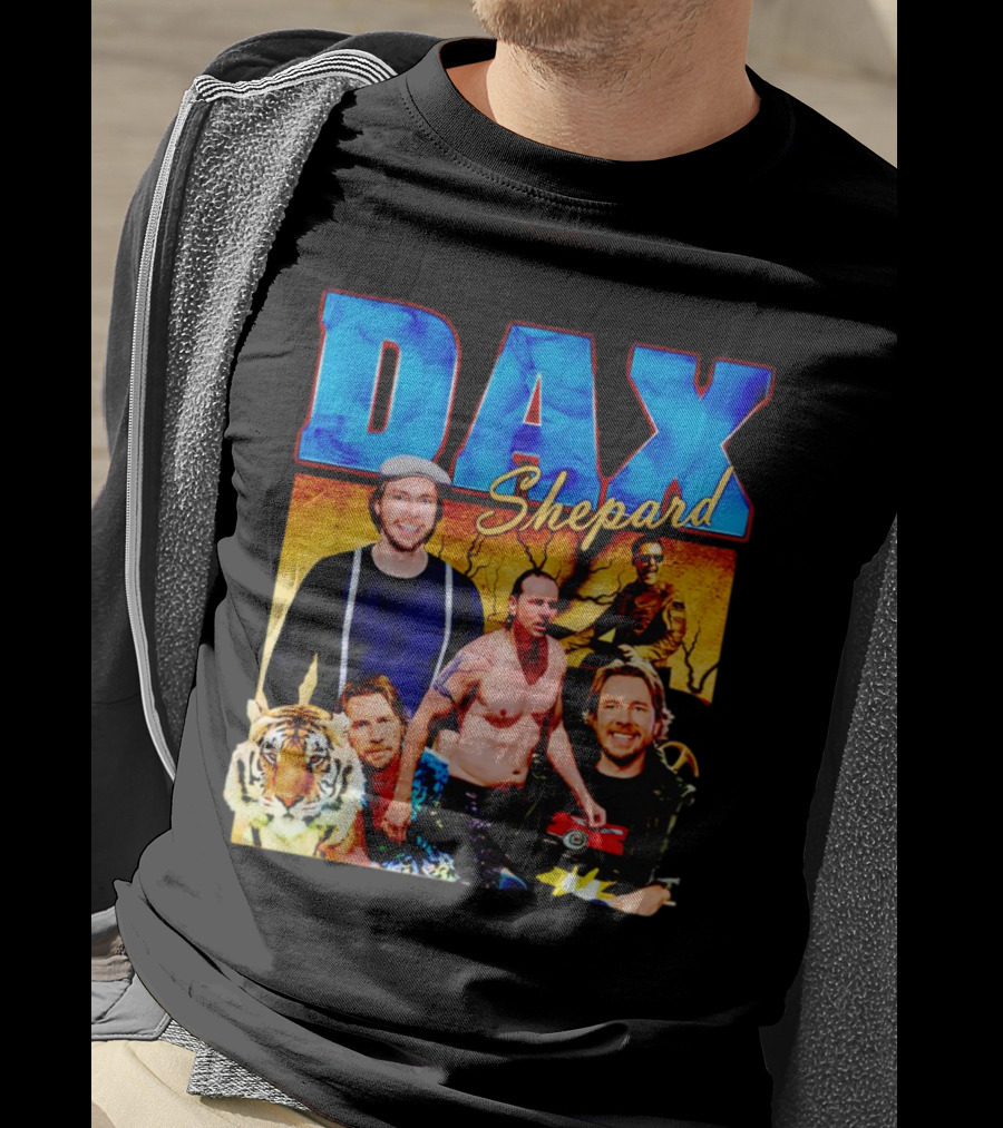 Dax Shepard Vintage Collage With Blue Text And Tiger T-Shirt
