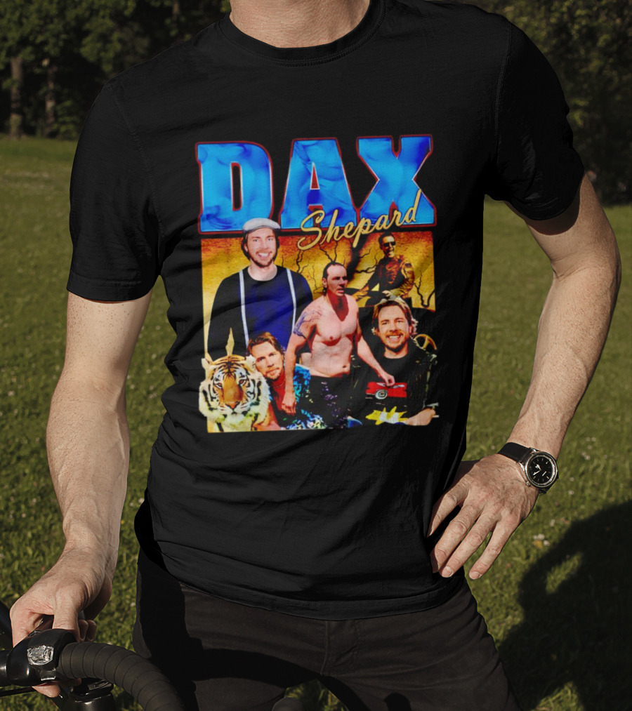 Dax Shepard Vintage Collage With Blue Text And Tiger T-Shirt