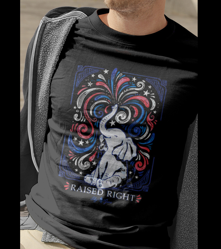 Elephant Raised Right Fireworks Red White Blue Stars T-Shirt