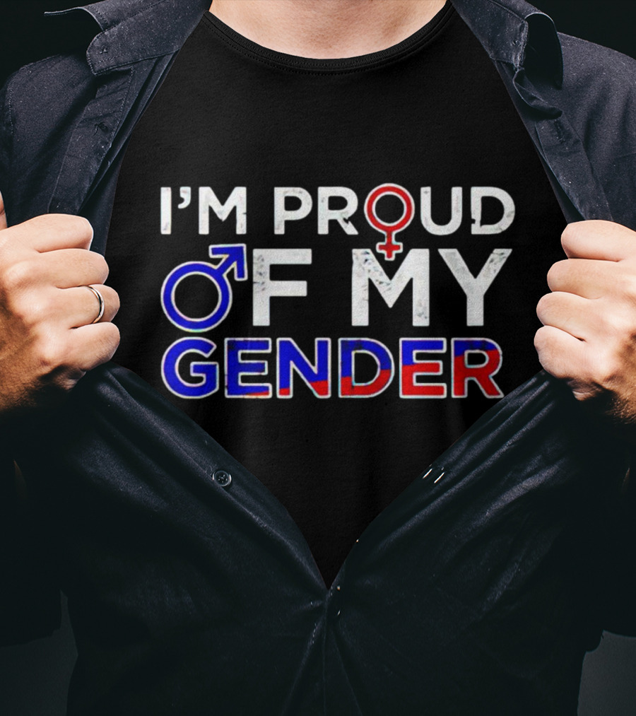 I’m Proud Of My Gender With Male And Female Symbols In Red, White, And Blue T-Shirt