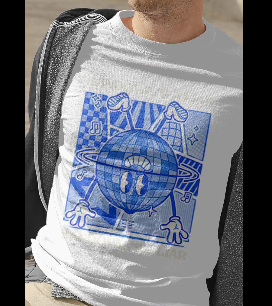 Sandoval's A Liar Blue Globe Cartoon Music Notes Geometric Background T-Shirt
