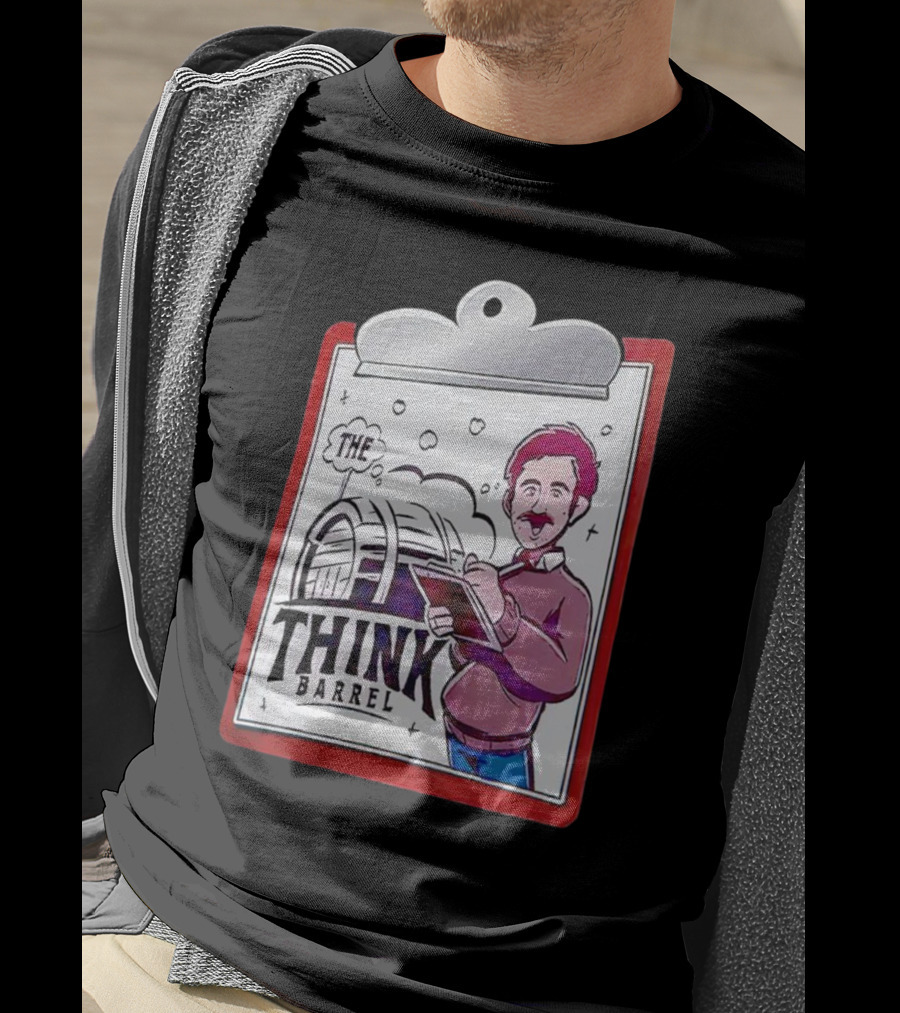The Think Barrel Clipboard With Cartoon Character And Building Outline T-Shirt