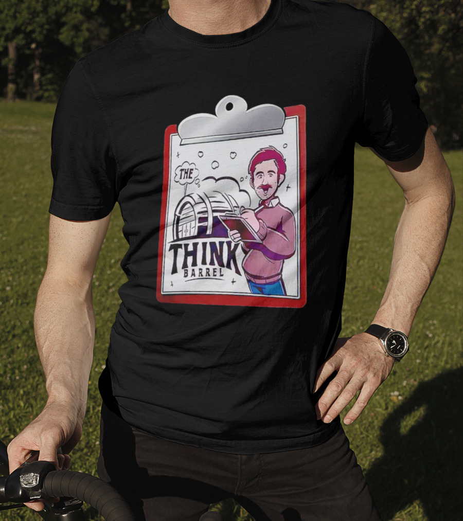 The Think Barrel Clipboard With Cartoon Character And Building Outline T-Shirt