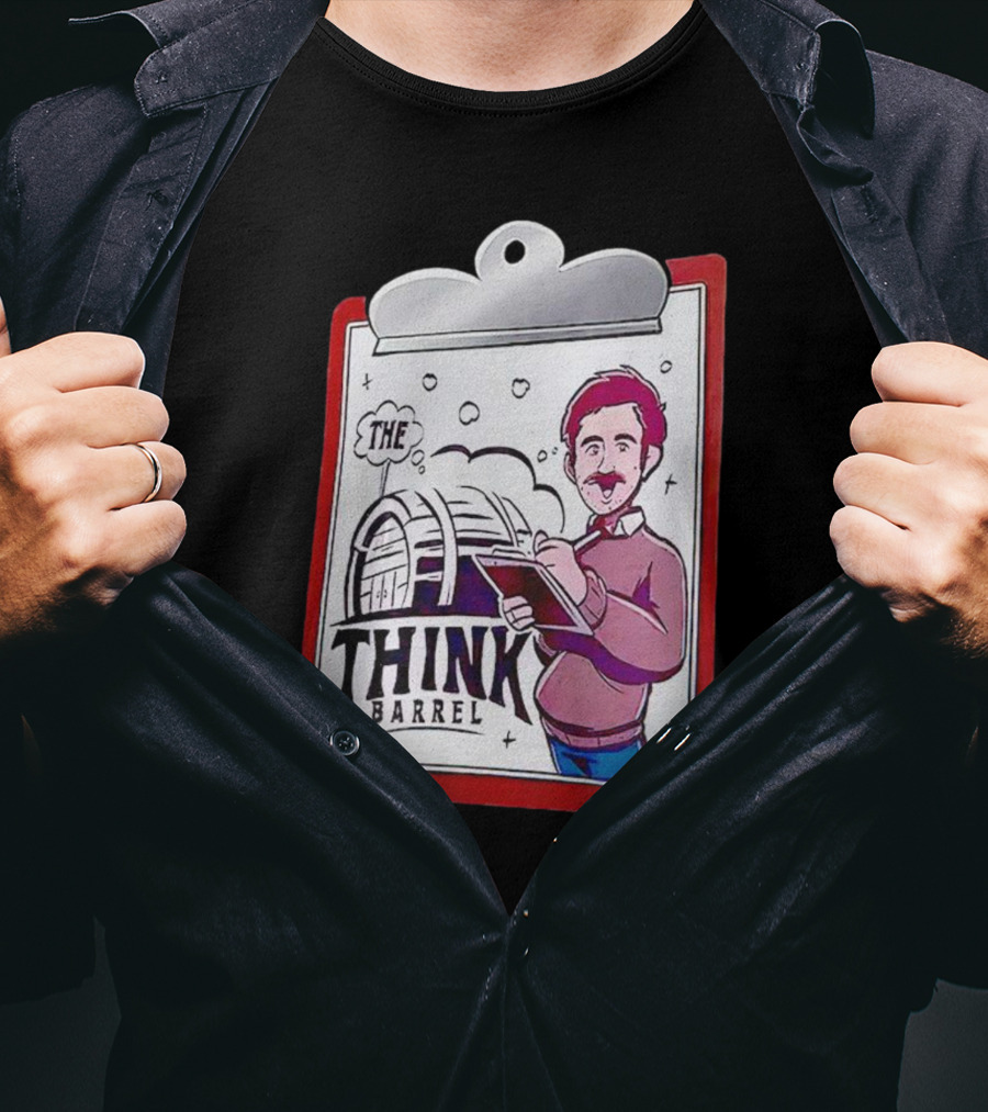 The Think Barrel Clipboard With Cartoon Character And Building Outline T-Shirt