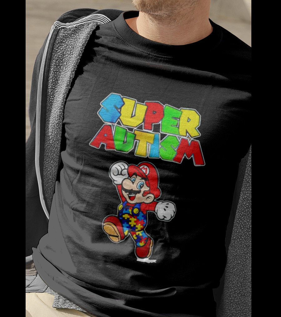Super Autism Mario Puzzle Piece Overalls Iconic Character T-Shirt