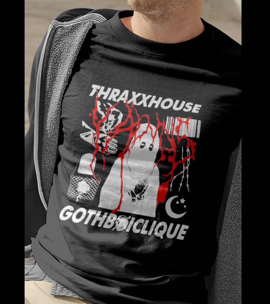 Thraxxhouse Gothboiclique Praying Figure With Barcode Rose Crescent Moon And Abstract Red Streaks T-Shirt