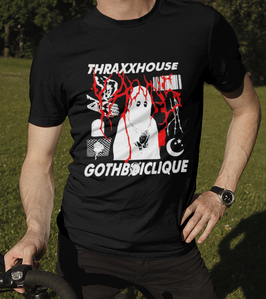 Thraxxhouse Gothboiclique Praying Figure With Barcode Rose Crescent Moon And Abstract Red Streaks T-Shirt