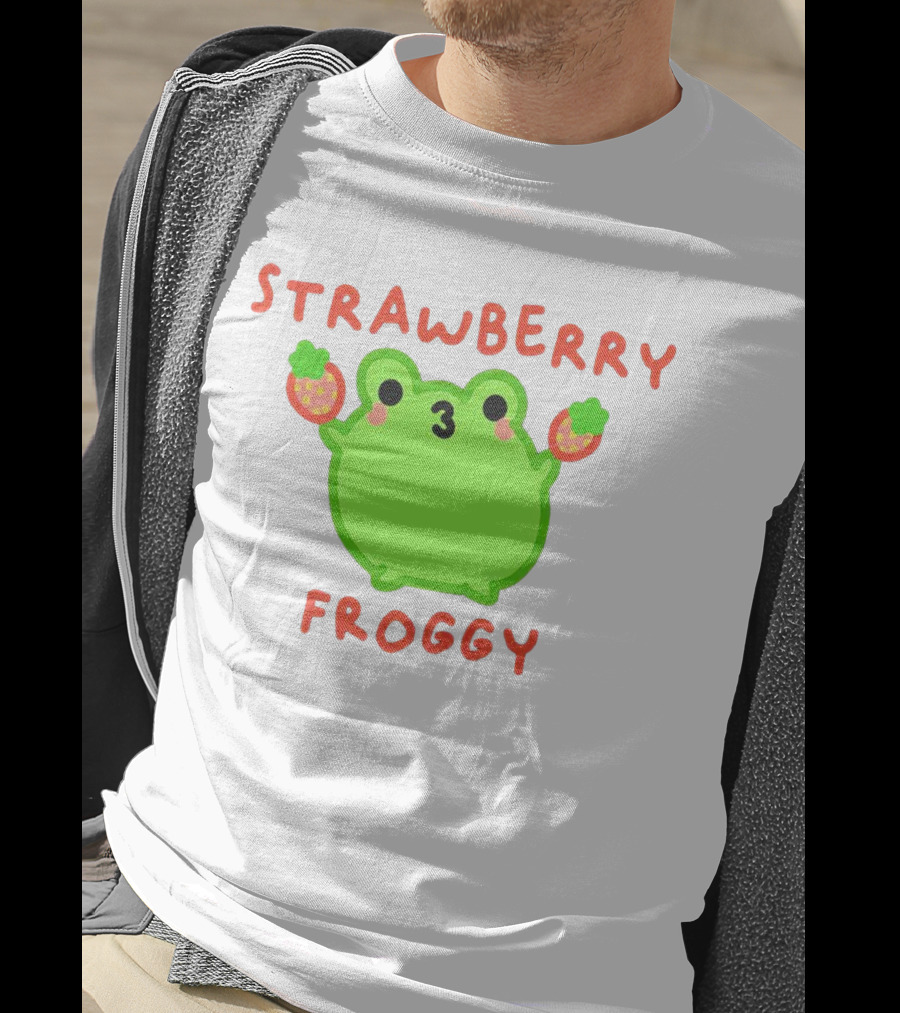 STRAWBERRY FROGGY Green Frog Holding Strawberries T-Shirt