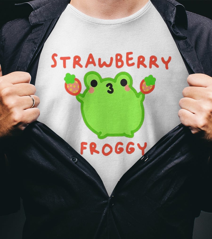 STRAWBERRY FROGGY Green Frog Holding Strawberries T-Shirt