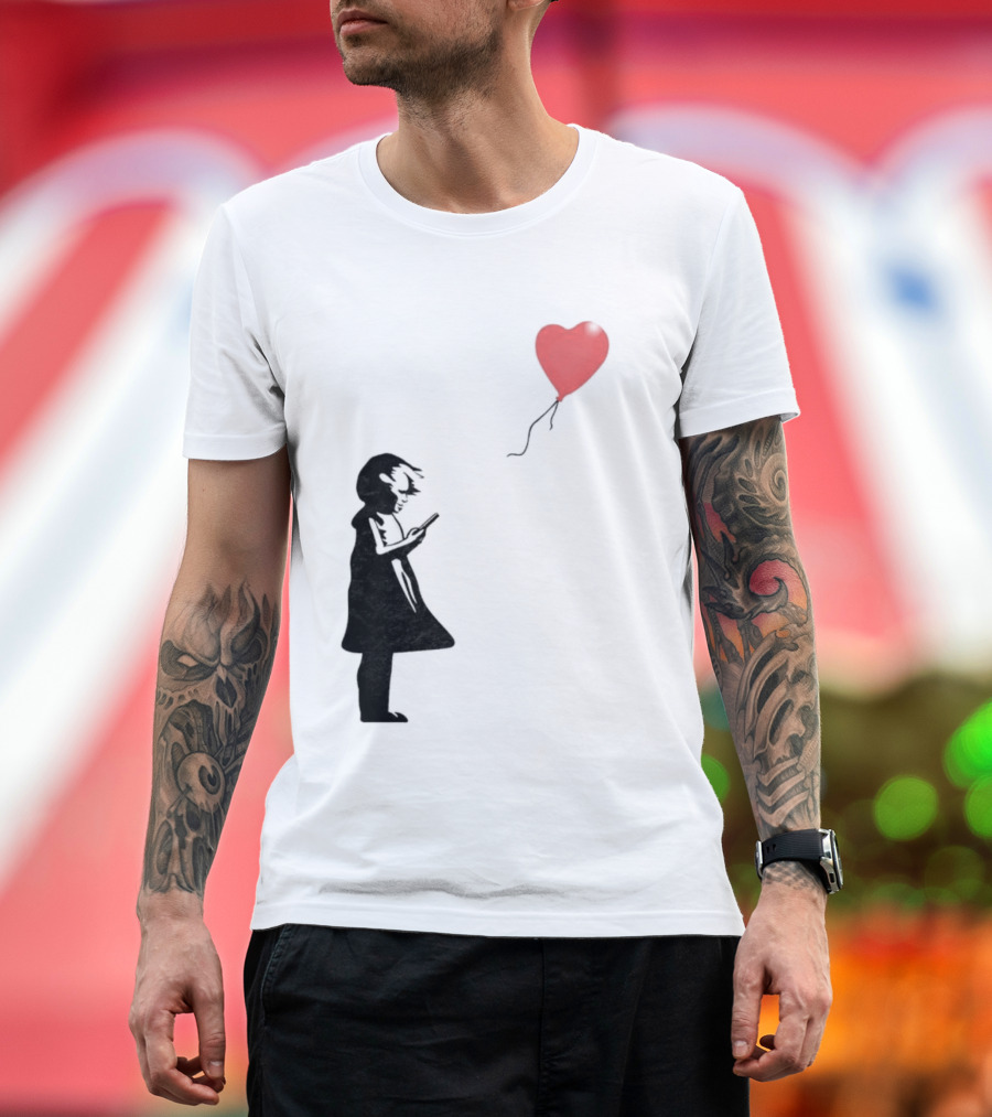 Girl with Phone Heart Balloon Black Dark Shadow T-Shirt