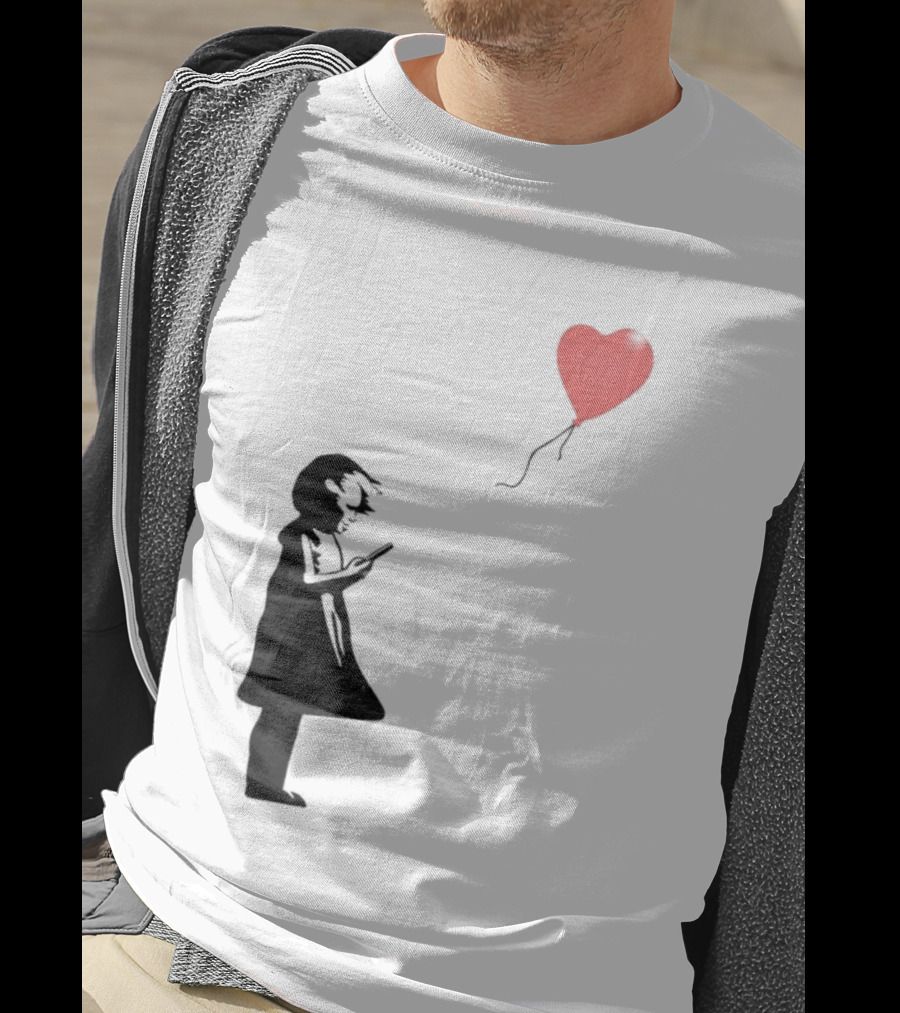Girl With Phone Heart Balloon Black Dark Shadow T-Shirt
