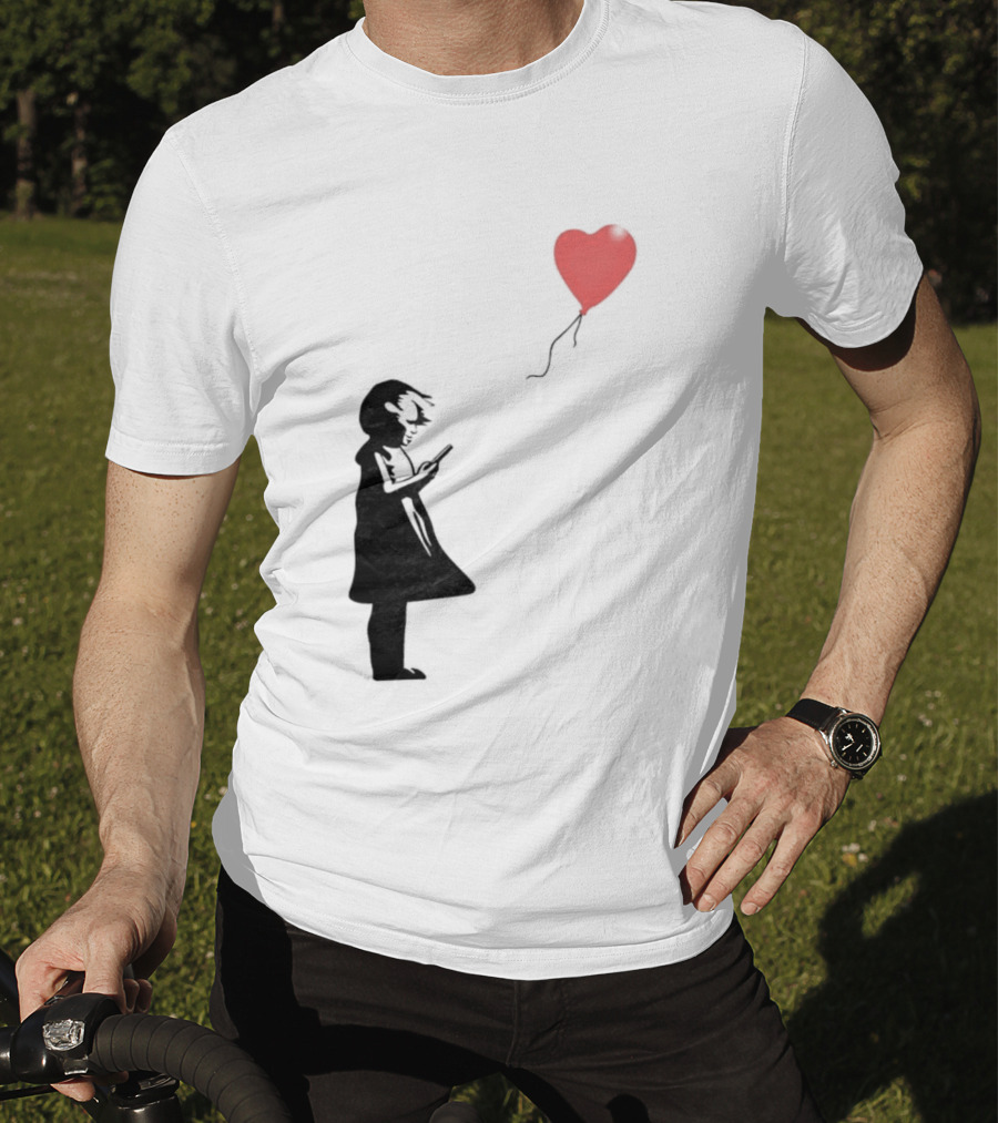 Girl With Phone Heart Balloon Black Dark Shadow T-Shirt