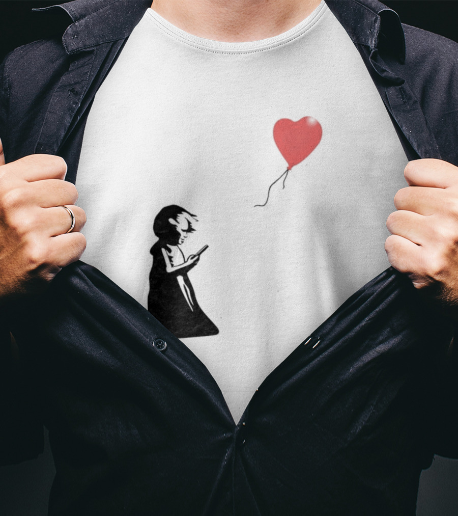 Girl With Phone Heart Balloon Black Dark Shadow T-Shirt