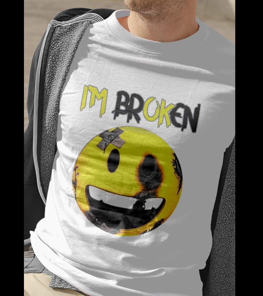 I'M BROKEN Smiley Burned And Patched Emo Smiley Face T-Shirt