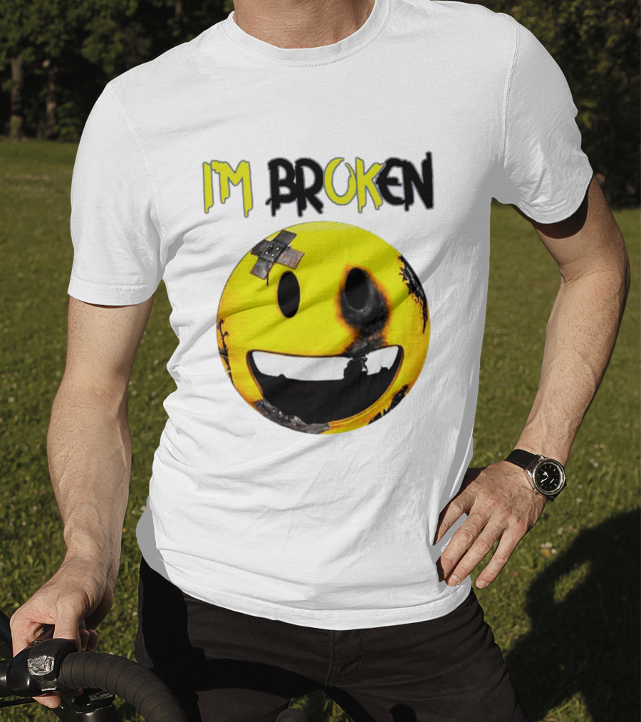 I'M BROKEN Smiley Burned And Patched Emo Smiley Face T-Shirt