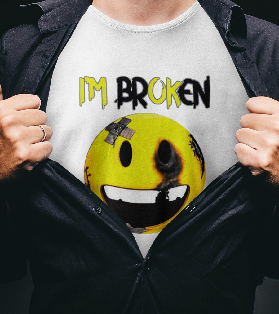 I'M BROKEN Smiley Burned And Patched Emo Smiley Face T-Shirt