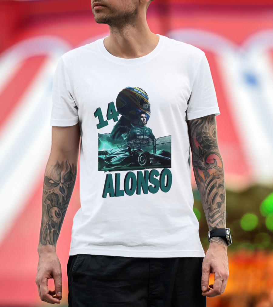14 Alonso Aramco Racing Helmet And Car T-Shirt