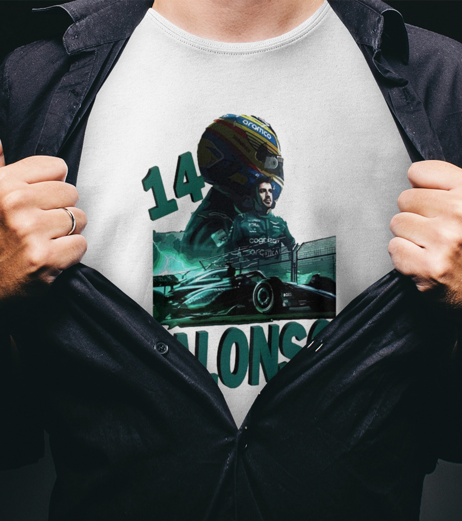 14 Alonso Aramco Racing Helmet And Car T-Shirt