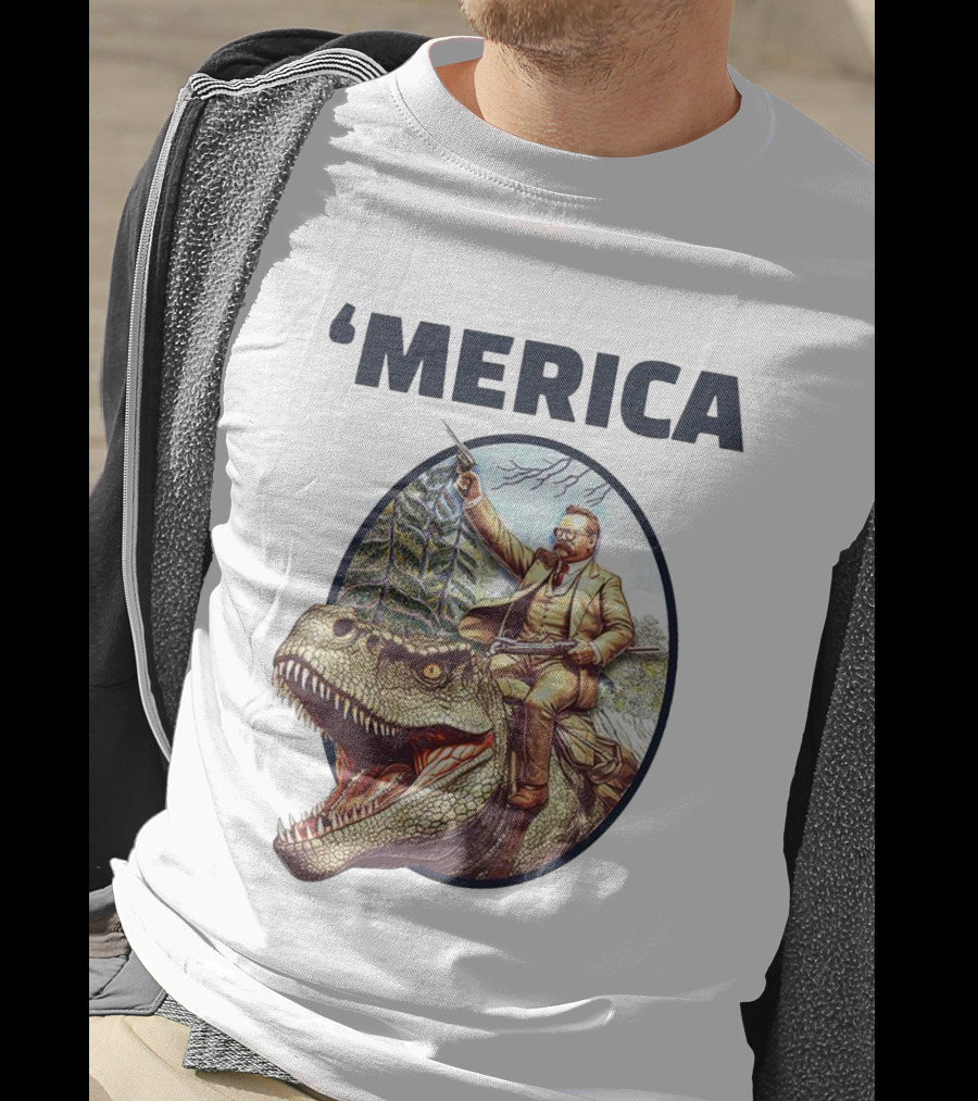 Theodore Roosevelt Riding Dinosaur ‘Merica Patriotic Adventure Scene T-Shirt