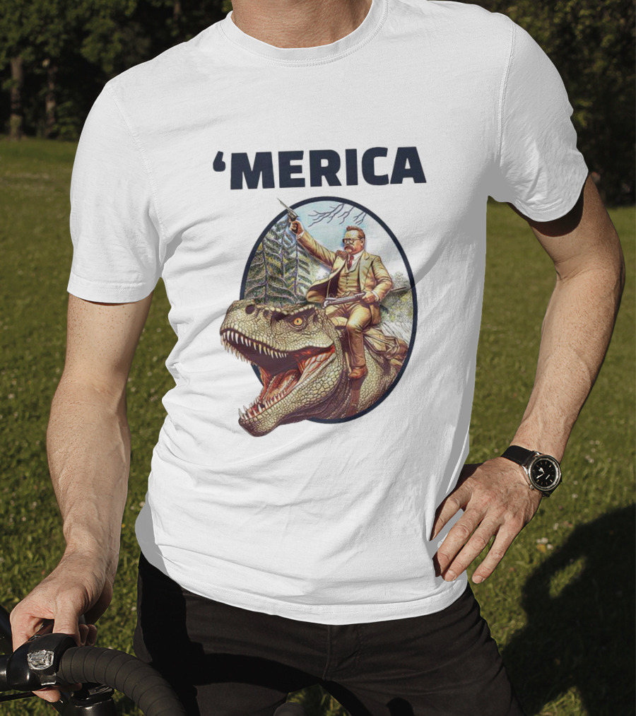 Theodore Roosevelt Riding Dinosaur ‘Merica Patriotic Adventure Scene T-Shirt