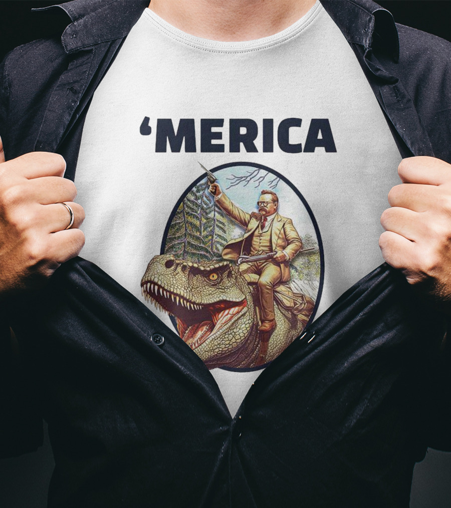Theodore Roosevelt Riding Dinosaur ‘Merica Patriotic Adventure Scene T-Shirt