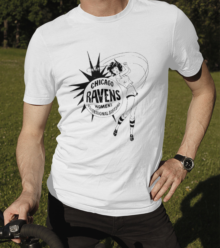Chicago Ravens Women's Professional Softball Logo With Dynamic Female Player T-Shirt