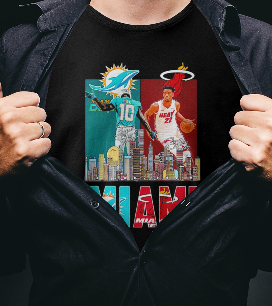 Miami Dolphins Tyreek Hill Miami Heat Jimmy Butler Signatures Skyline Featuring Dolphins And Heat T-Shirt