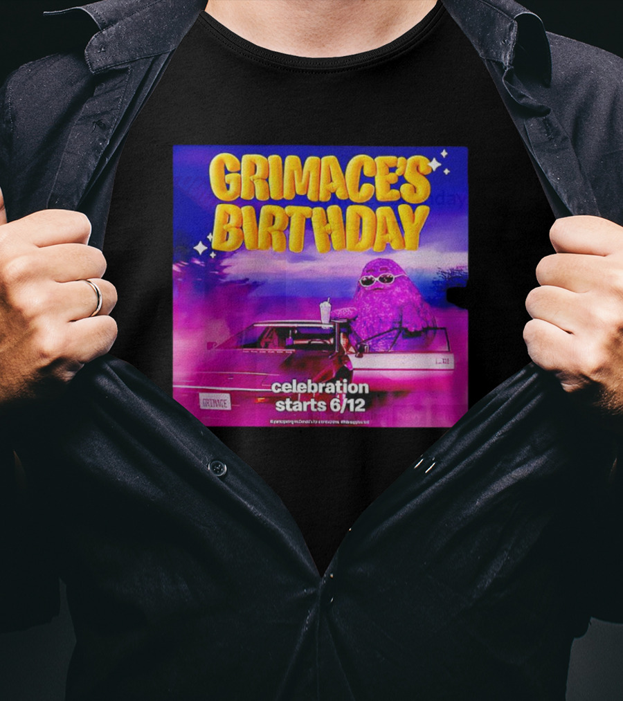 Grimace's Birthday Celebration Starts 6/12 With Purple Character And Sunglasses T-Shirt