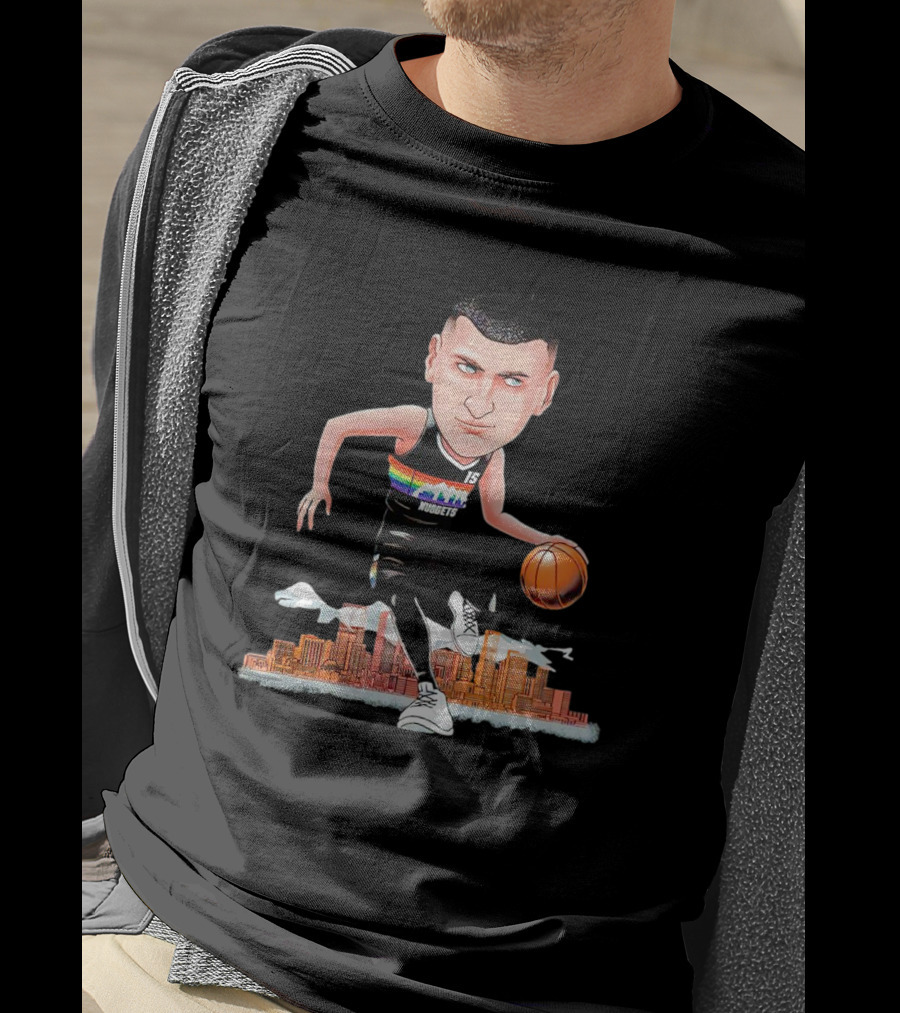 Nikola Jokic Denver Nuggets Cartoon Dribbling Basketball Colorado Skyline T-Shirt