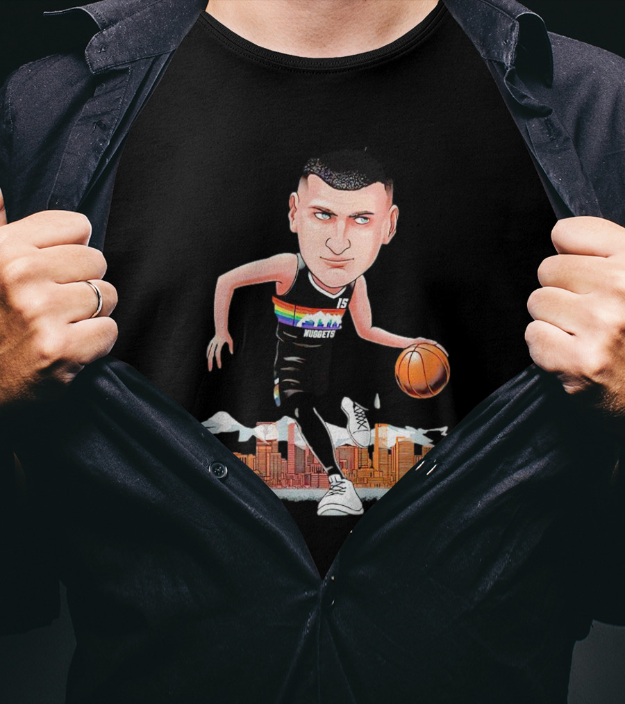 Nikola Jokic Denver Nuggets Cartoon Dribbling Basketball Colorado Skyline T-Shirt