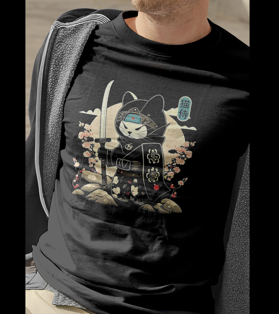 Samurai Cat Sakura Blossom Warrior Japan Kanji Armor Katana T-Shirt