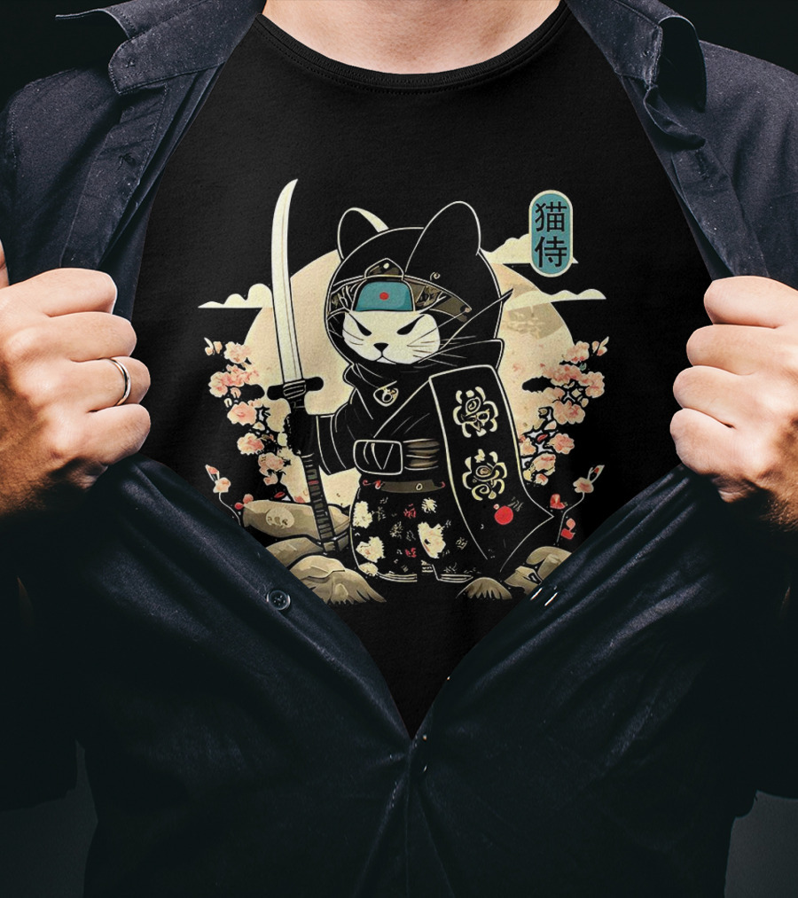 Samurai Cat Sakura Blossom Warrior Japan Kanji Armor Katana T-Shirt