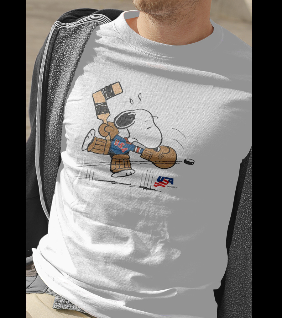 Peanuts Snoopy USA Hockey Goalie With Bat And USA Puck T-Shirt