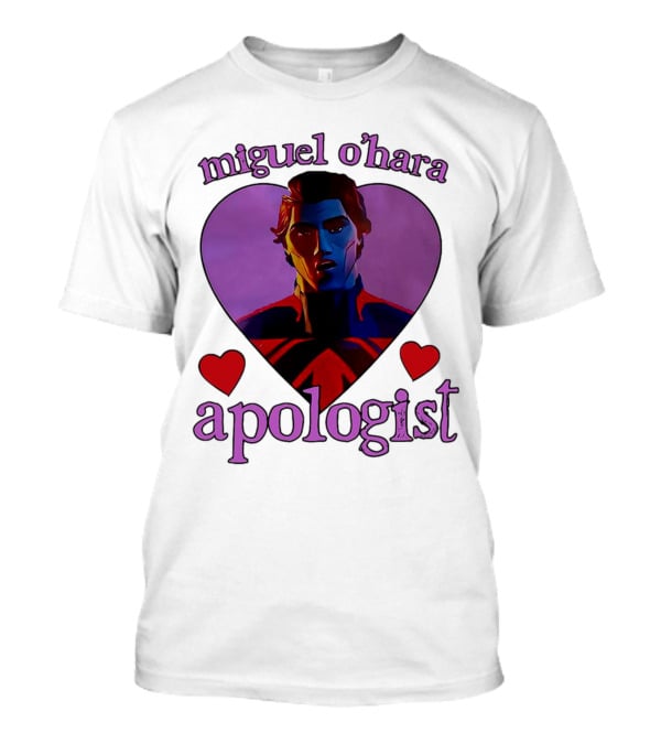 Miguel O’Hara Apologist Love Heart With Heroic Figure In Purple And Red Hearts T-Shirt