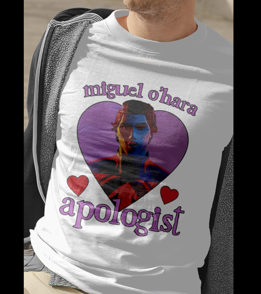 Miguel O’Hara Apologist Love Heart With Heroic Figure In Purple And Red Hearts T-Shirt