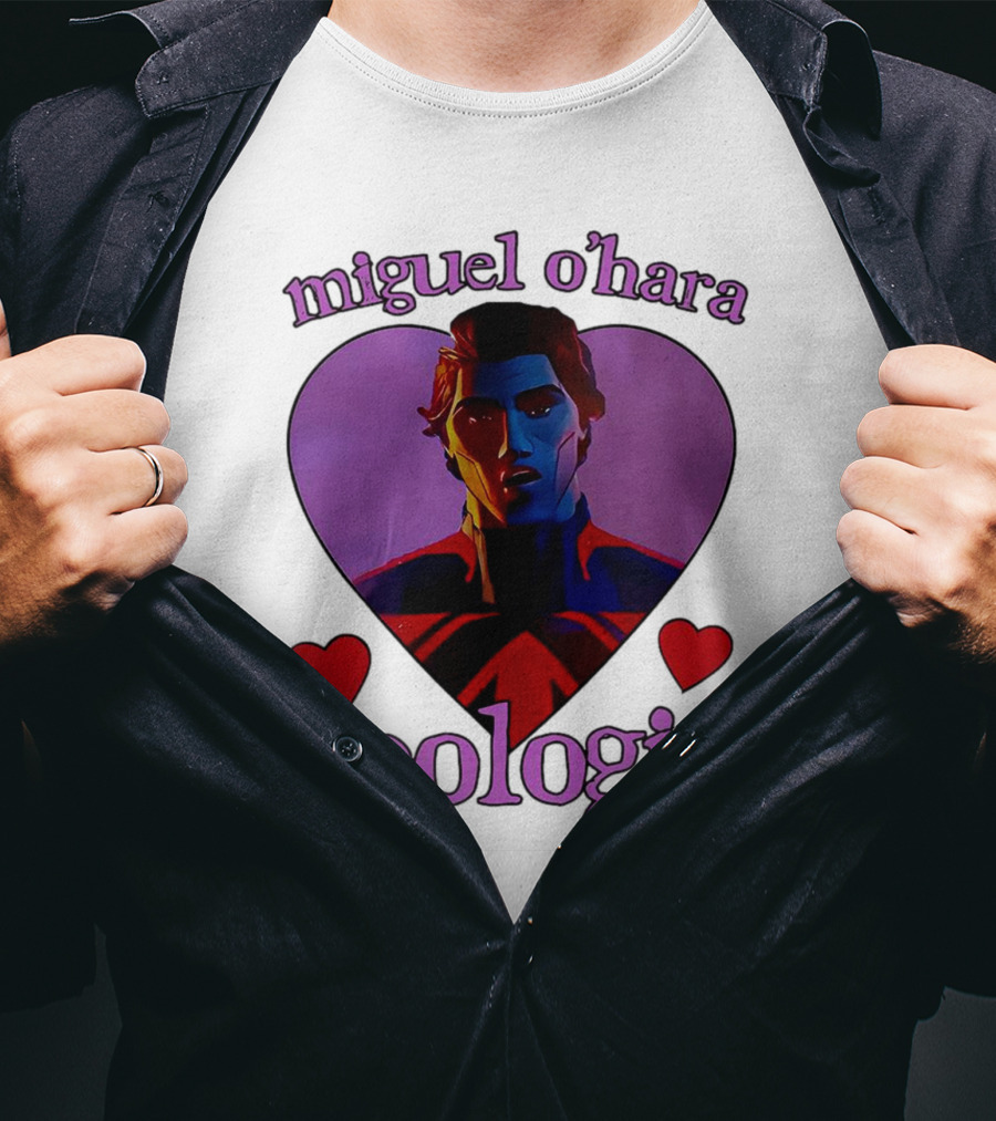 Miguel O’Hara Apologist Love Heart With Heroic Figure In Purple And Red Hearts T-Shirt