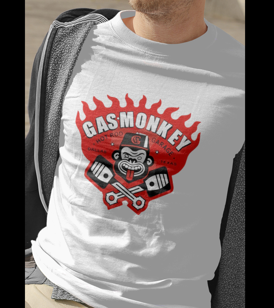 Gas Monkey Hot Rod Garage Dallas Texas Flame Logo Monkey With Pistons T-Shirt