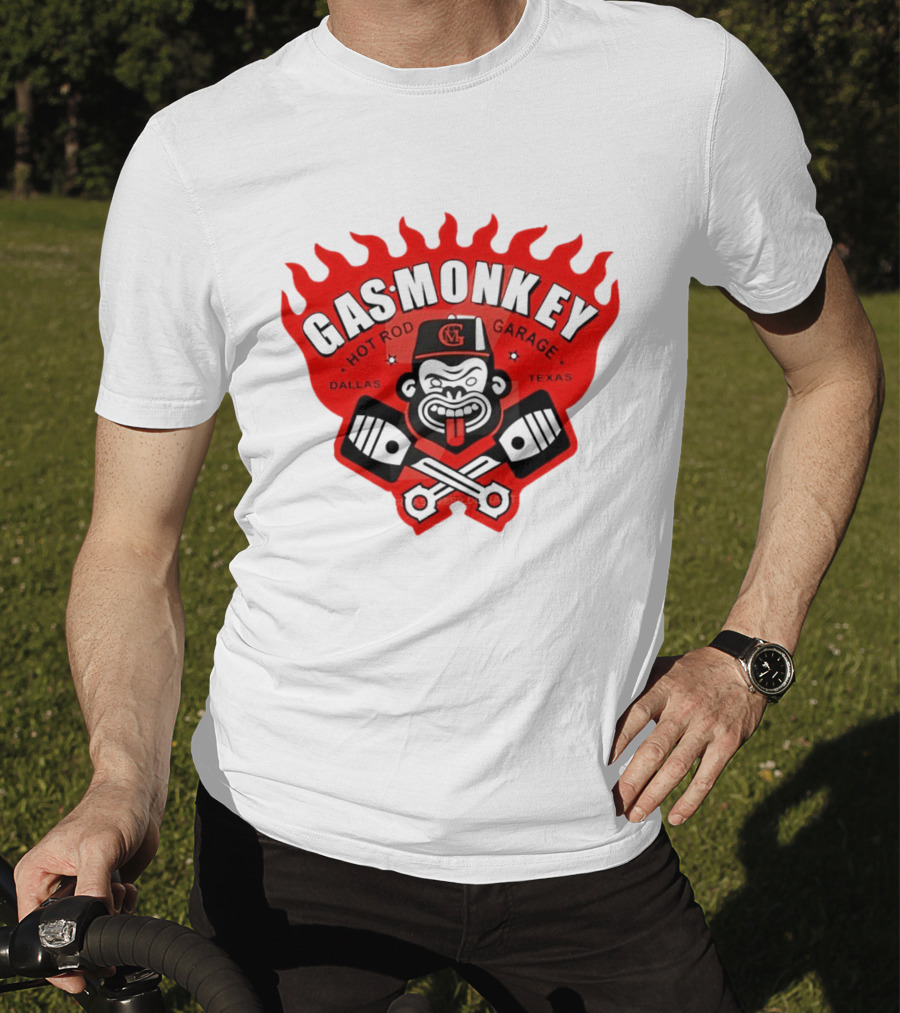 Gas Monkey Hot Rod Garage Dallas Texas Flame Logo Monkey With Pistons T-Shirt