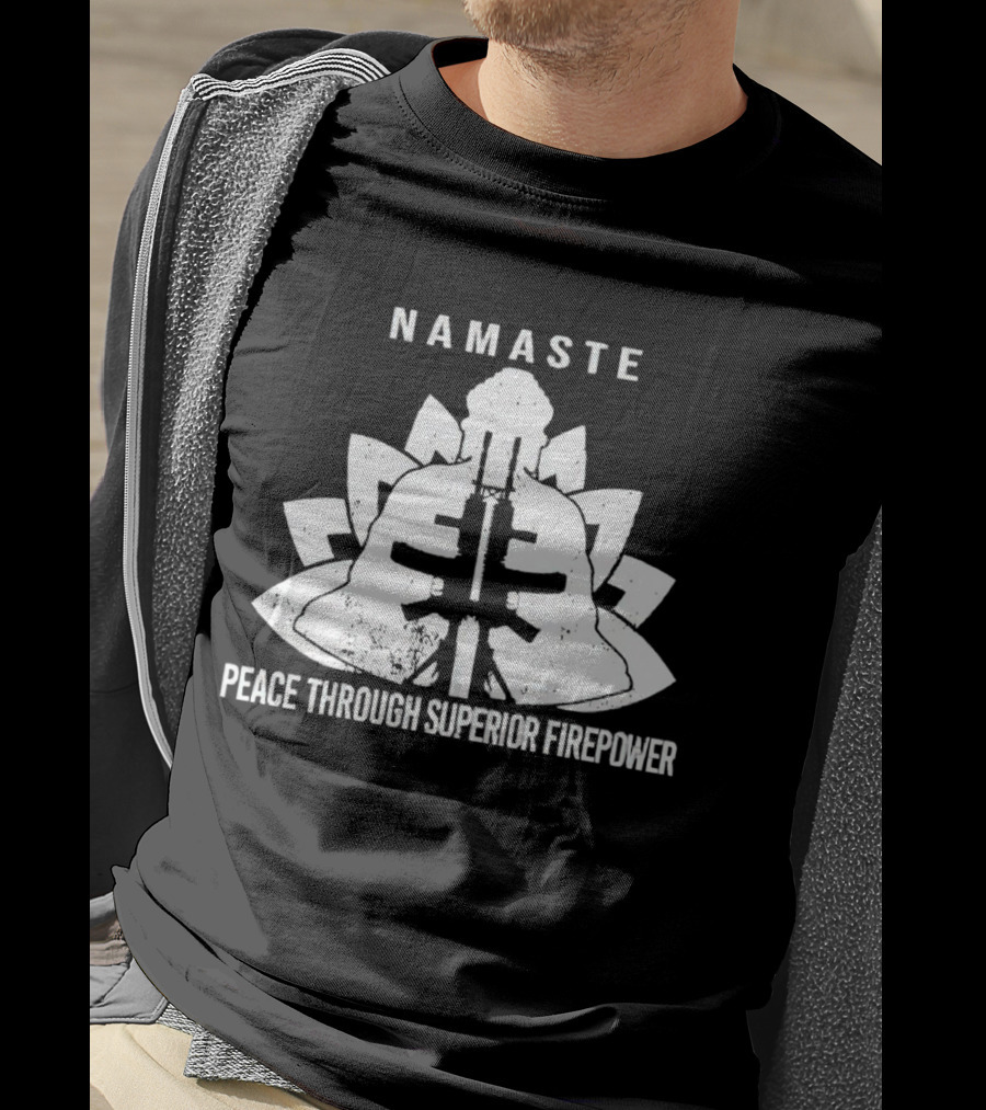 Namaste Peace Through Superior Firepower Lotus Helmet Gunpowder Mandala T-Shirt
