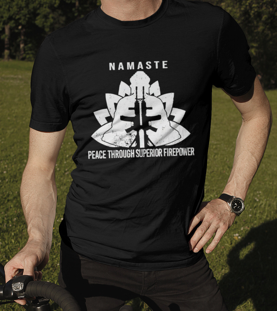 Namaste Peace Through Superior Firepower Lotus Helmet Gunpowder Mandala T-Shirt