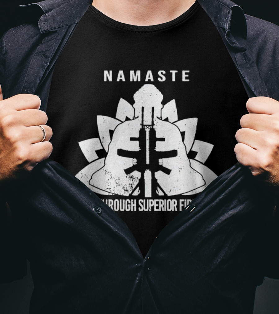Namaste Peace Through Superior Firepower Lotus Helmet Gunpowder Mandala T-Shirt