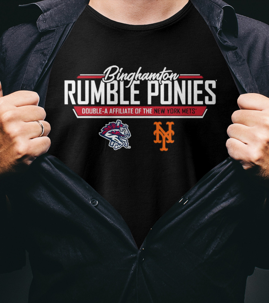 Binghamton Rumble Ponies New York Mets Double-A Affiliate Logo With Pony And Mets Symbols T-Shirt
