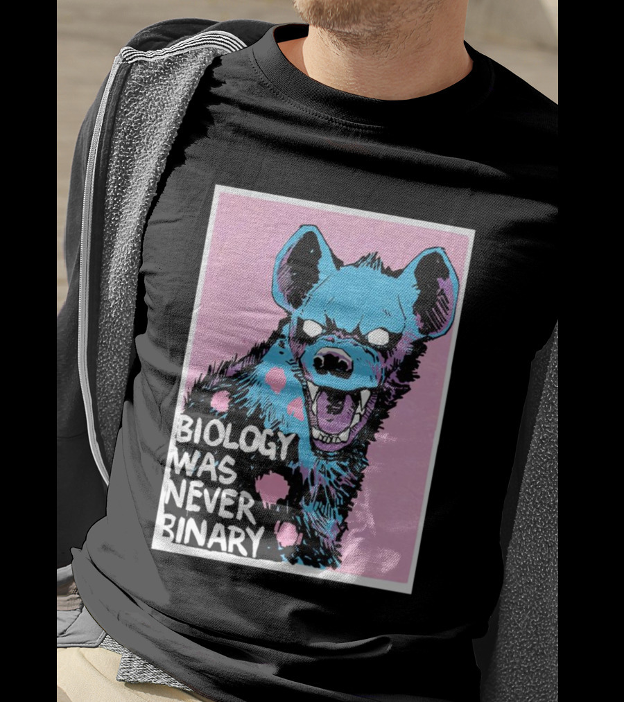 Biology Was Never Binary Blue Hyena Pink Background T-Shirt