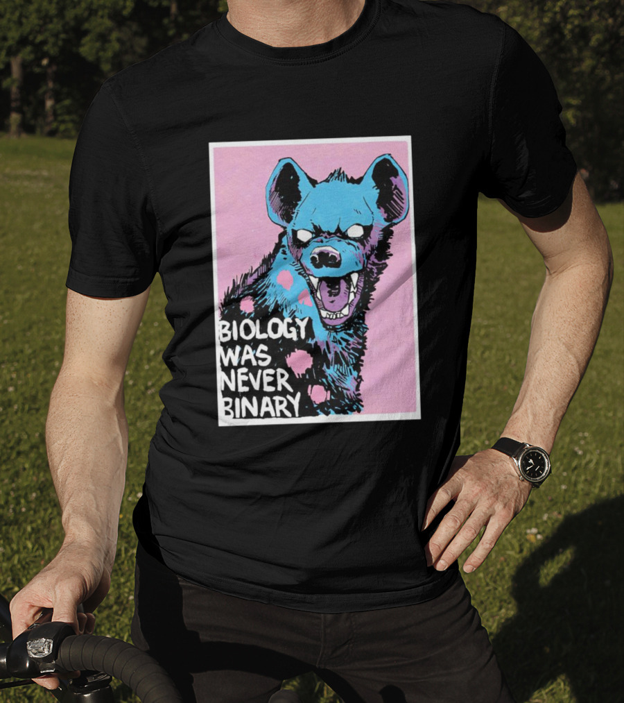 Biology Was Never Binary Blue Hyena Pink Background T-Shirt